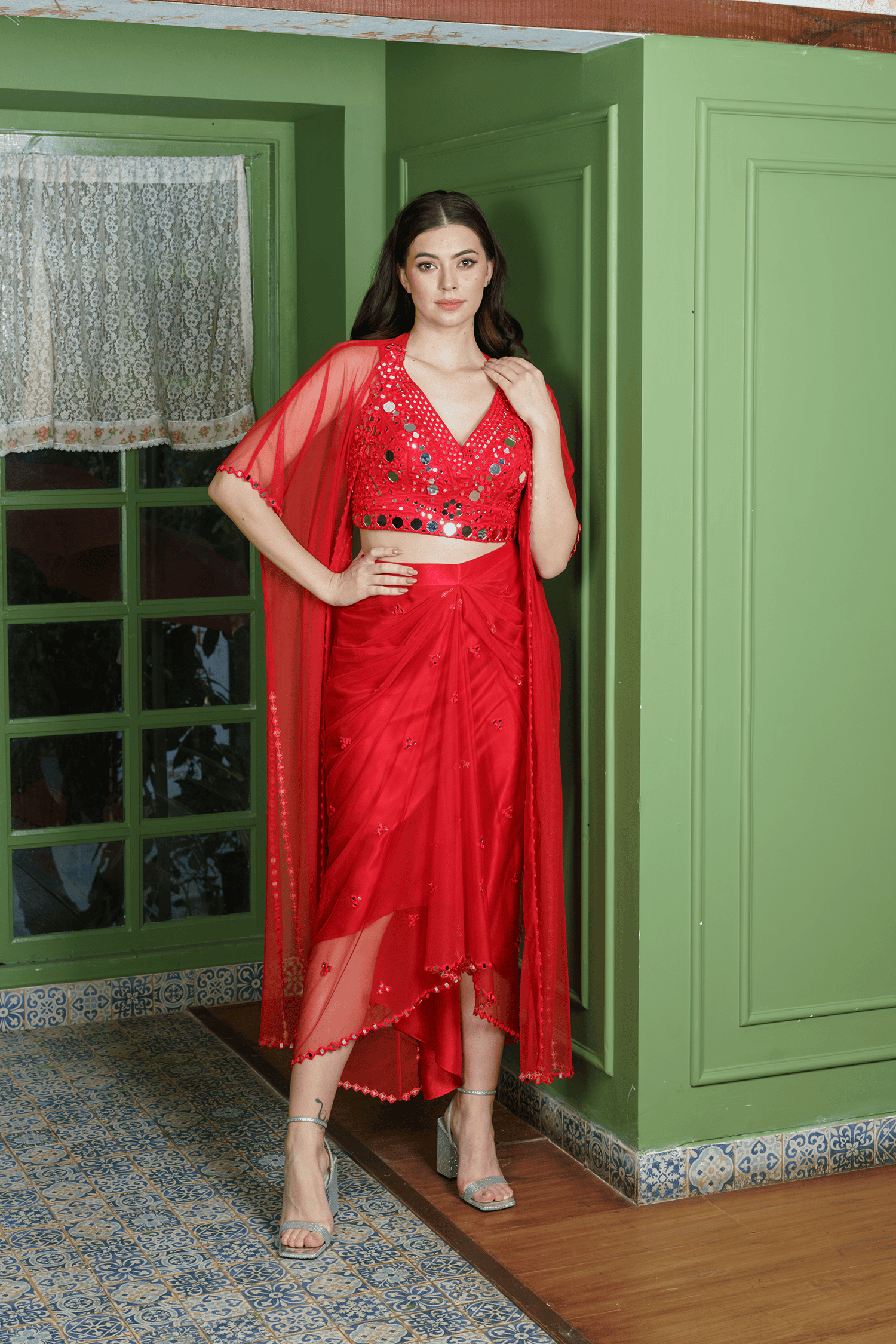 Indo Western Embroidered Crop Top with Dhoti and Sheer Cape